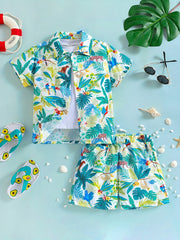 2pcs Boys Teen Casual Plant Graphic Print Shirt & Shorts Set for Summer