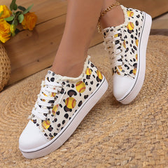 Women's Baseball Print Canvas Lace-Up Sneakers Lightweight Flat Shoes