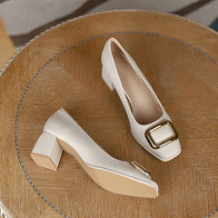 Women's Square Metal Decor Chunky Low Heels Slip On Pumps