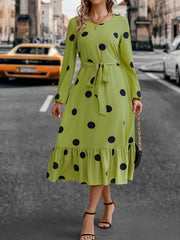 Plus Dot Print Long Sleeve Ruffle Trim Midi Dress