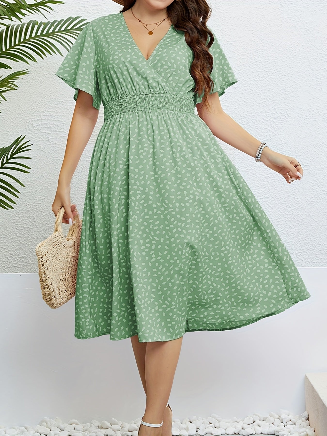 Butterfly Sleeve Surplice Neck Waist Pleated Dress