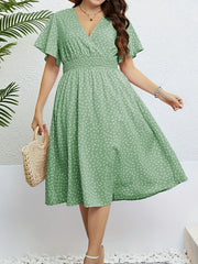 Butterfly Sleeve Surplice Neck Waist Pleated Dress