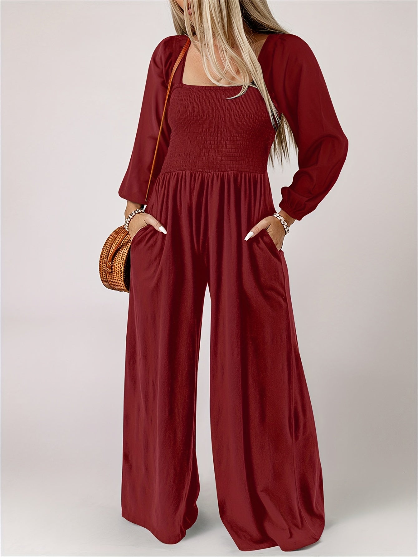Solid Shirred Long Sleeve Wide Leg Jumpsuit