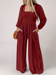 Solid Shirred Long Sleeve Wide Leg Jumpsuit