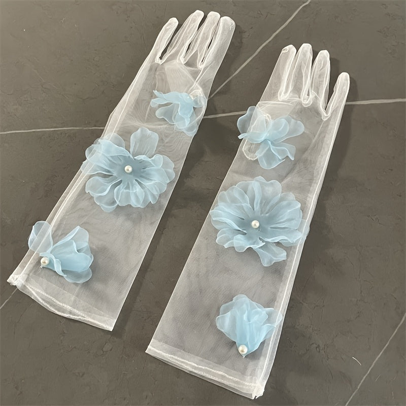 Transparent Floral Bridal Gloves with Pastel Flowers Wedding Party Formal Events
