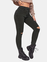 Ripped Holes Skinny Jeans Slim Fit Slash Pockets Mid Stretch Denim Pants