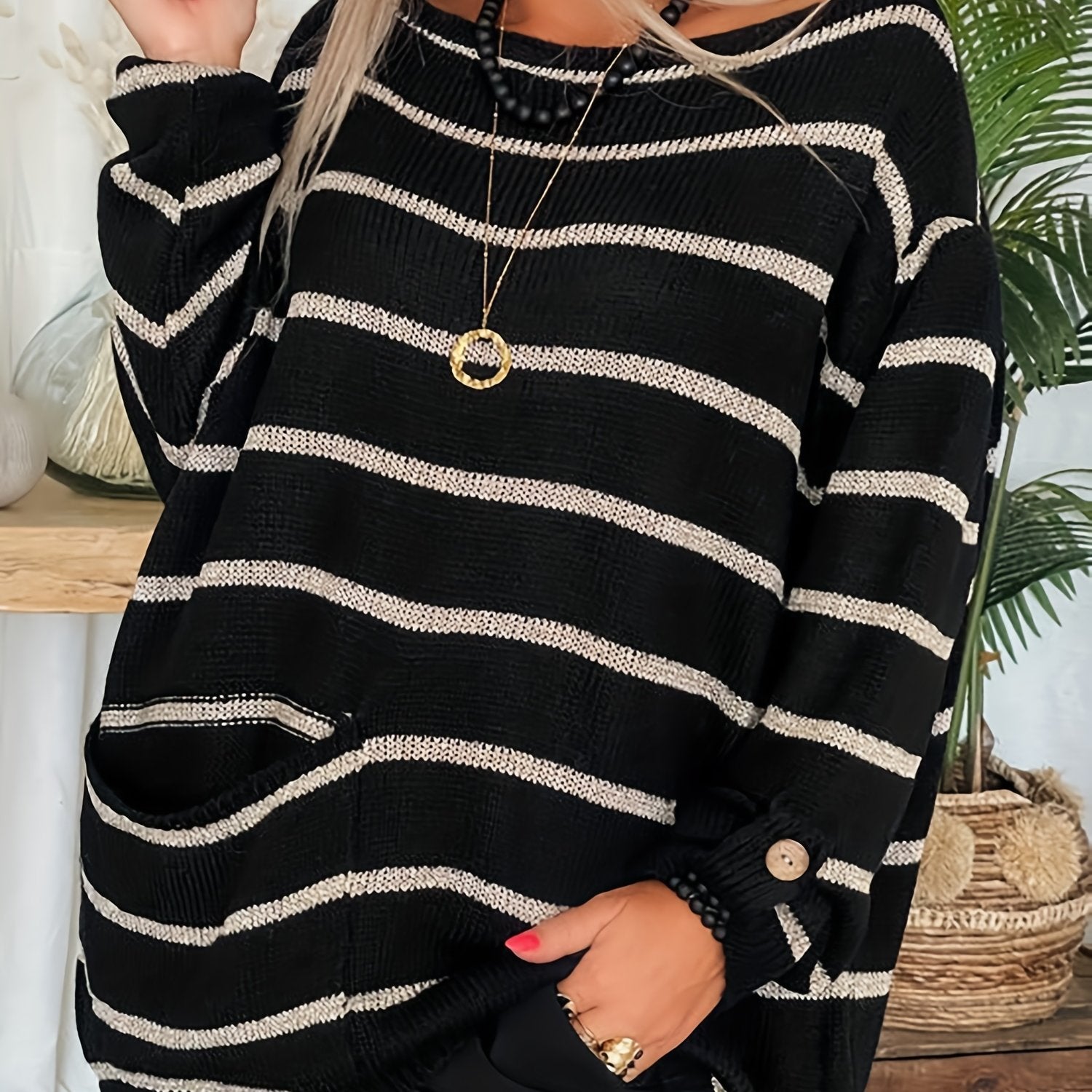 Casual Stripe Print Sweater Round Neck Jumper