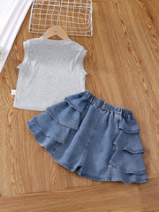 Girls Sleeveless Denim Vest Top and Cake Skort Set