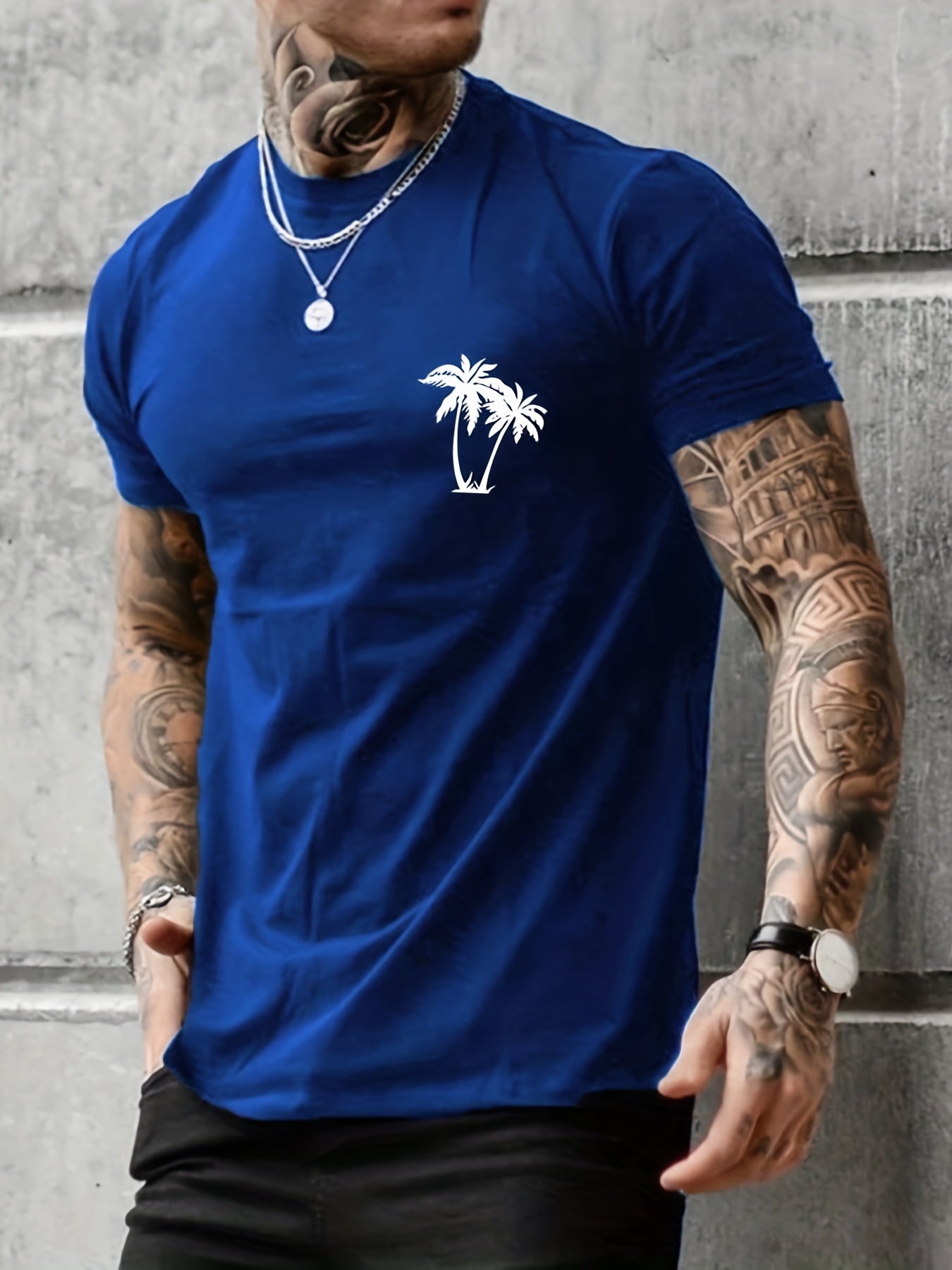 Palm Tree Pattern Top Casual Stretch Short Sleeve Crew Neck T shirt