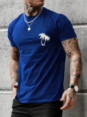 Palm Tree Pattern Top Casual Stretch Short Sleeve Crew Neck T shirt