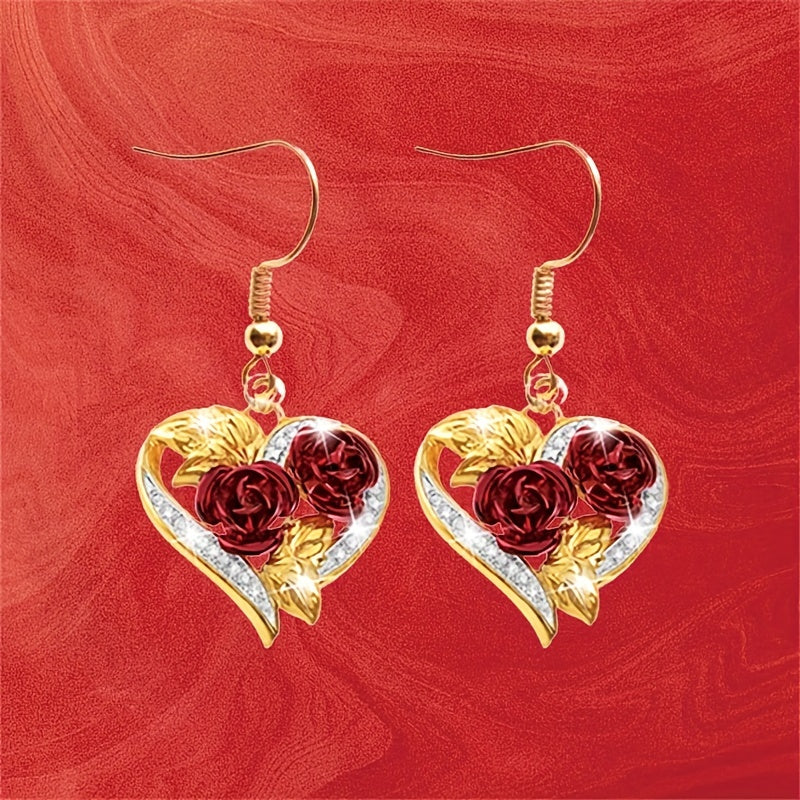 Golden Red Rose Heart Shape Drop Dangle Earrings For Women Girls