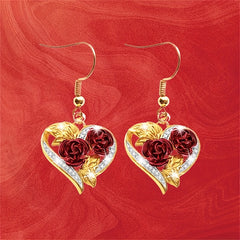 Golden Red Rose Heart Shape Drop Dangle Earrings For Women Girls