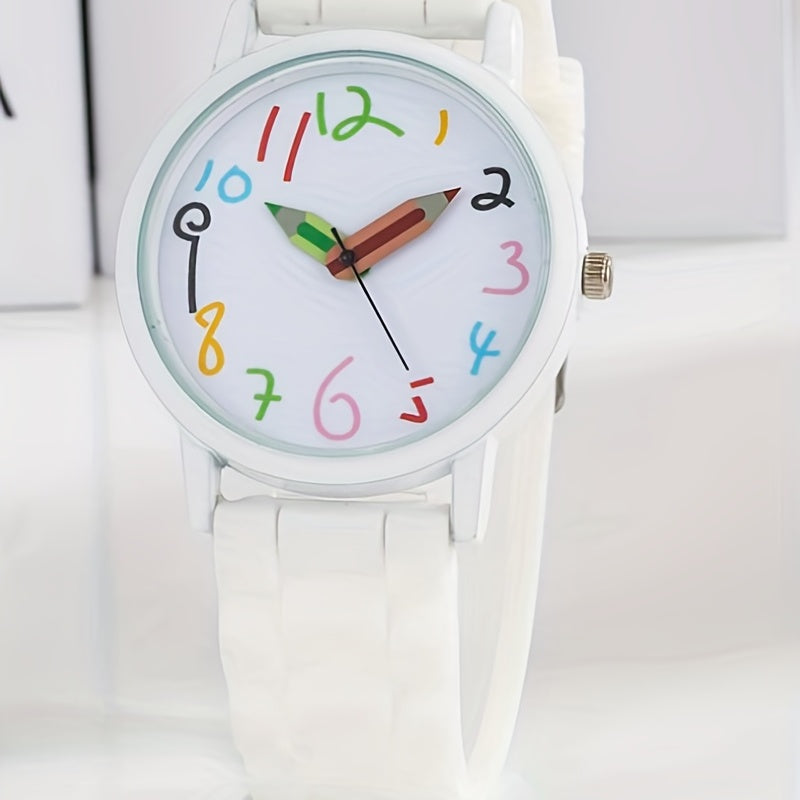 PVC Girls Strip Round Wrist Watch & Heart Bangle Set