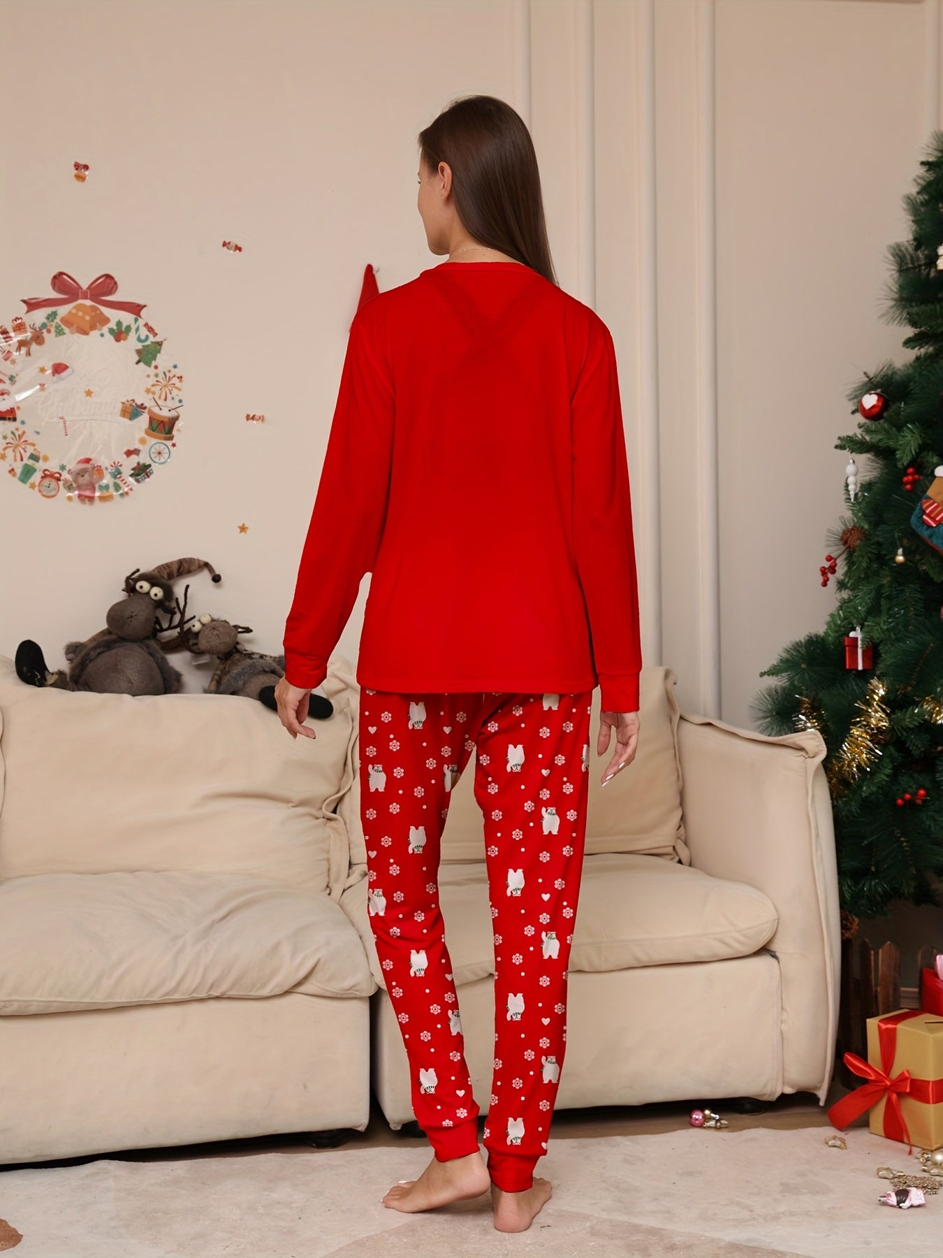 Bear Print Pajama Set Long Sleeve Crew Neck Top & Pants