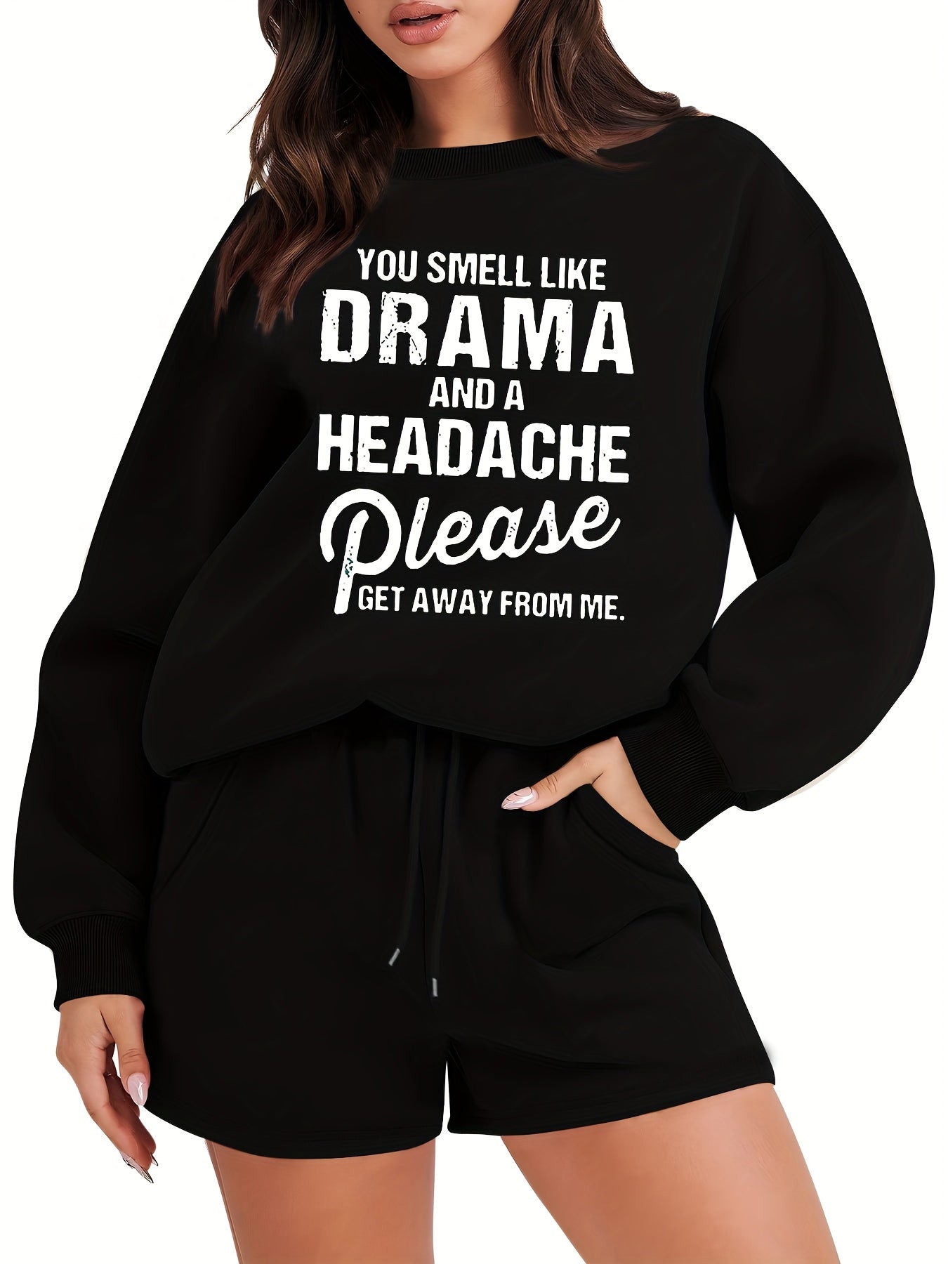 Slogan Print Fleece Pullover Top & Drawstring Shorts Outfit Set