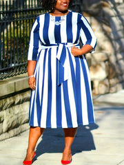 Retro Dress Women's Plus Strip Half Sleeve Round Neck Dress