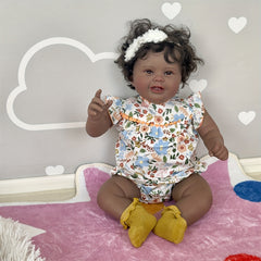 Adorable 24" Reborn Doll Smiling Face Dark Brown Skin Hand Rooted Hair