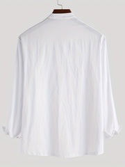 Men's Vintage Trachten Shirt Solid Long Sleeve Stand Collar Shirt