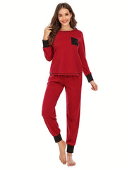 Colorblock Lounge Set Long Sleeve Crew Neck Top & Pants Women's Loungewear