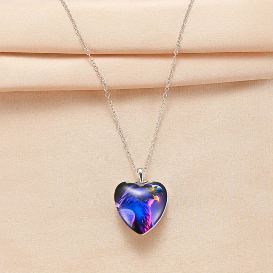 Heart Shaped Crystal Pendant Necklace With Eagle Pattern Hip Hop Gift