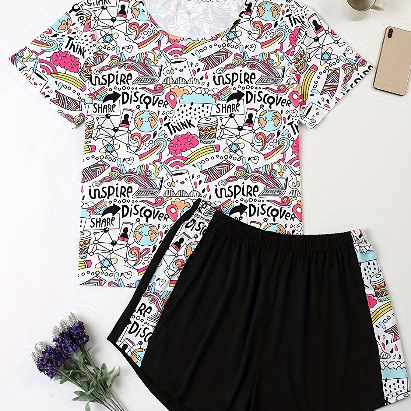 Cartoon Graphic Short Sleeve Top & Shorts Pajamas Set