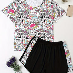 Cartoon Graphic Short Sleeve Top & Shorts Pajamas Set