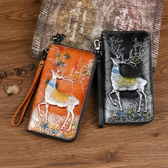 Vintage Leather Women's Wallet with Deer Print Orange & Light Brown