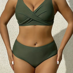 Green V Neck Bikini Set Ruched Back Buckle Backless High Cut Swimsuit