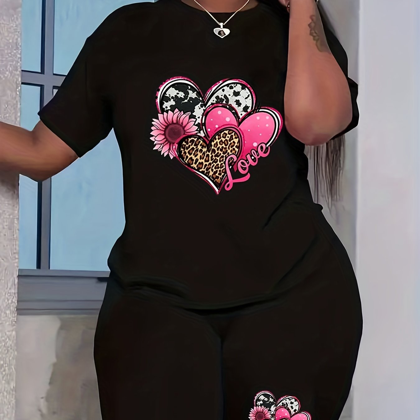 Leopard Heart Sunflower Letter Print 2 Piece Set
