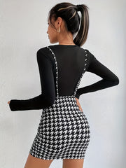 Preppy Houndstooth Print Suspender Skirt High Waist Bag Hip