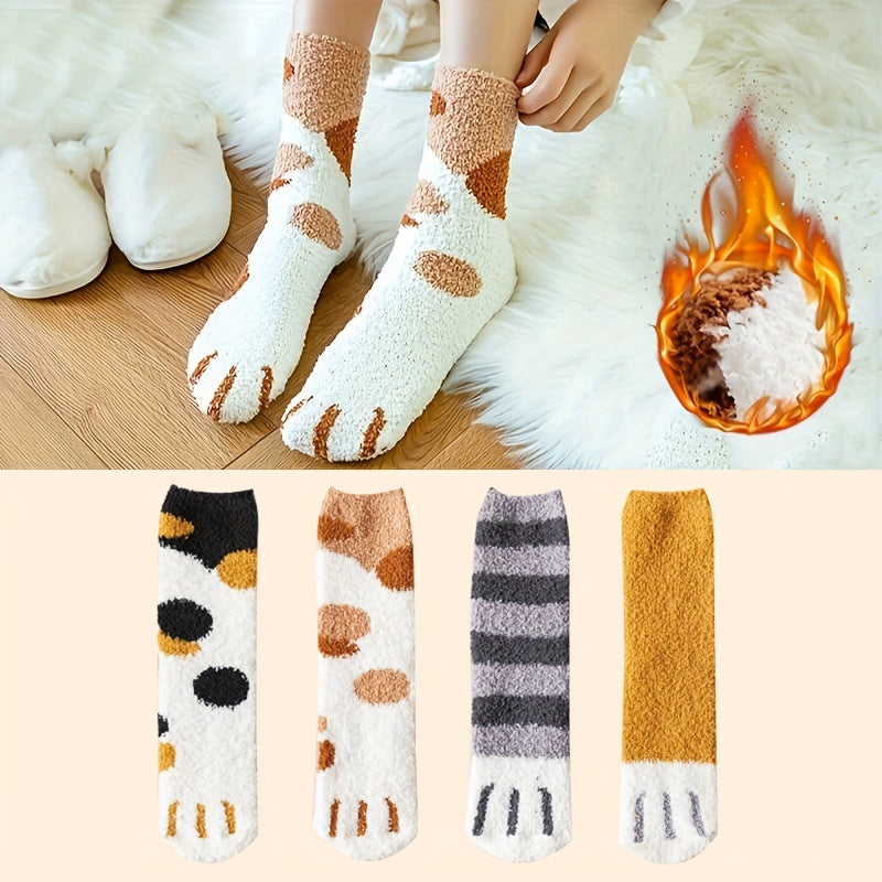4 Pairs Cat Claw Print Socks Women's Warm & Comfy Stockings