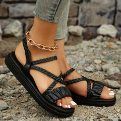 Women's Solid Pleated Sandals Cross Strap Lightweight Summer Shoes