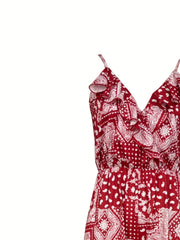 Floral Print Wide Leg Ruffle Trim Jumpsuit Boho Sleeveless Jumpsuit