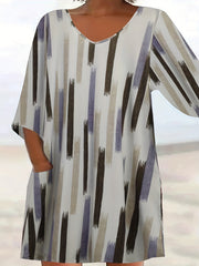 Women's Plus Stripe Print V Neck Long Sleeve Dress