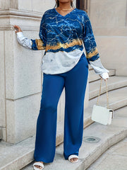 Plus Glitter Marble Print Top & High Rise Pants Outfits 2 Piece Set
