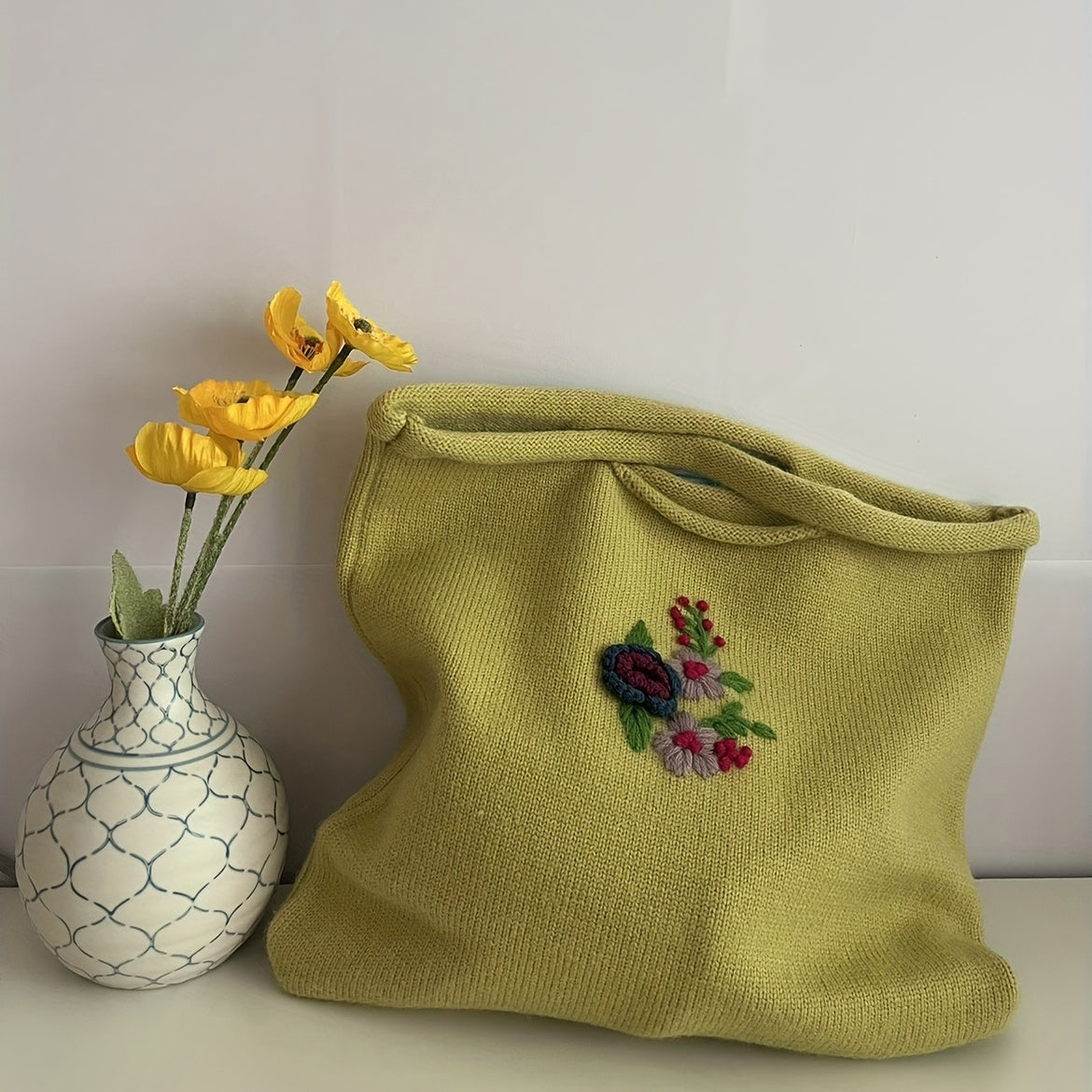 Flower Embroidery Crochet Bag Knitted Handbags Large Shopping Bag