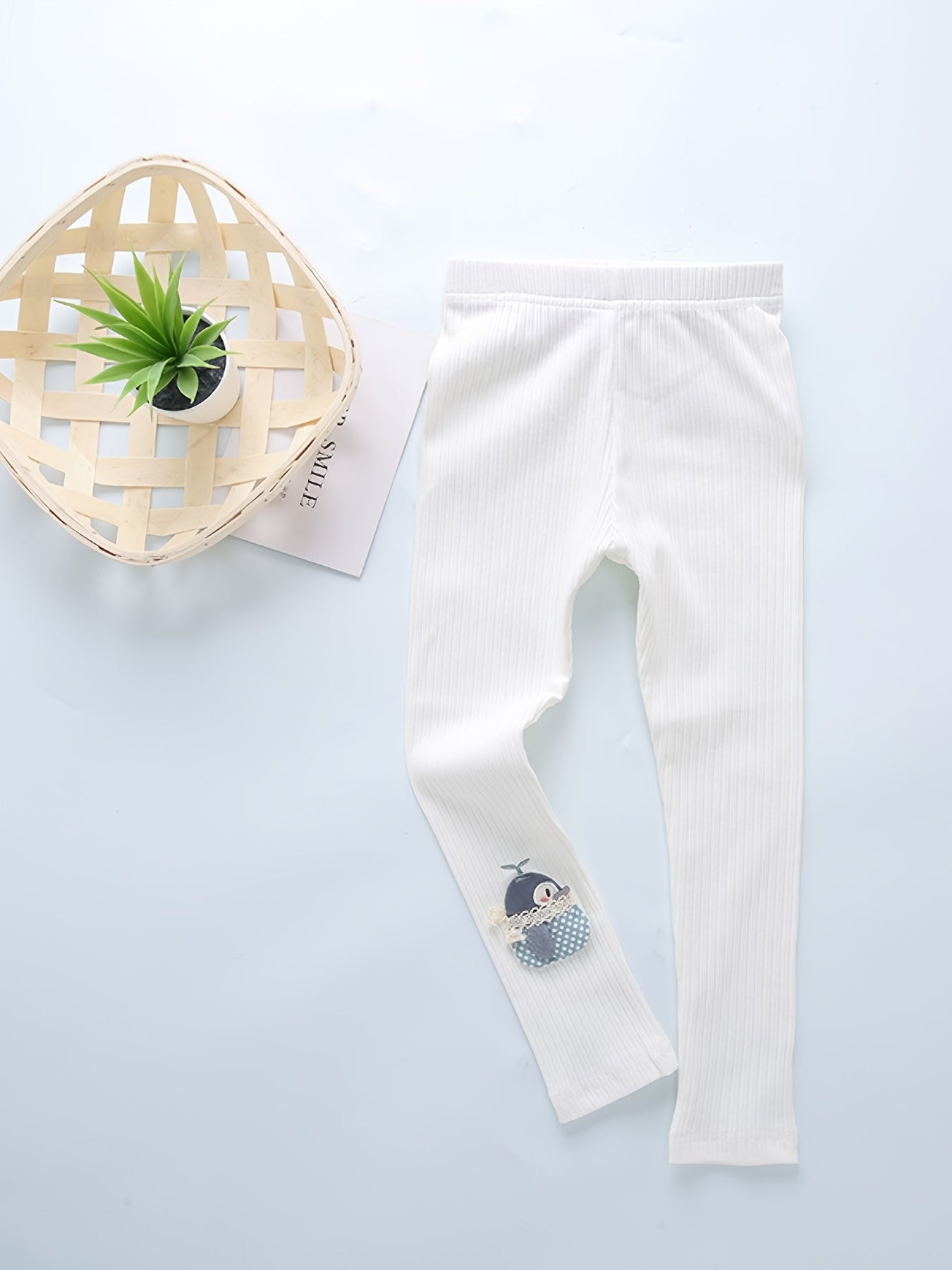 Girls Ribbed Leggings with Cartoon Decoration for Autumn/Spring