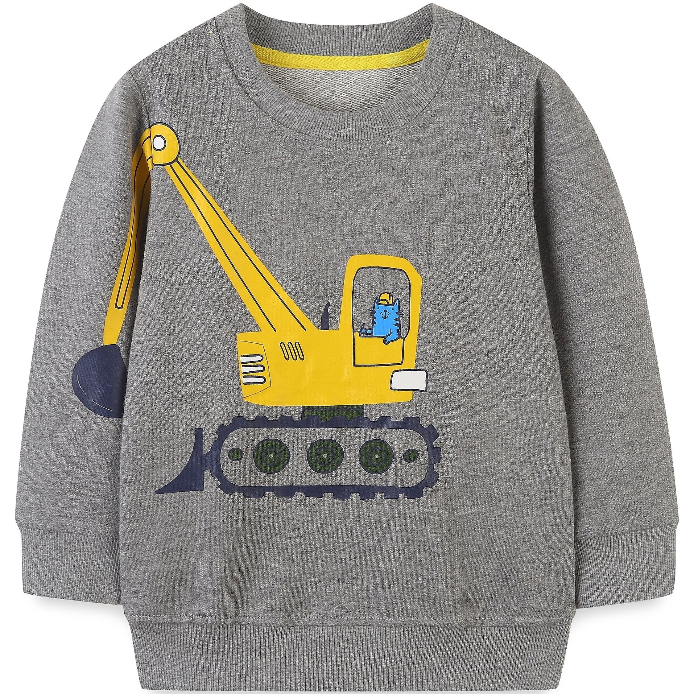 Cartoon Cat Excavator Print Boys Crew Neck Sweatshirt