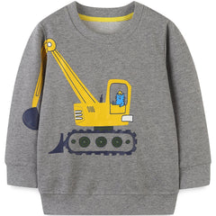 Cartoon Cat Excavator Print Boys Crew Neck Sweatshirt