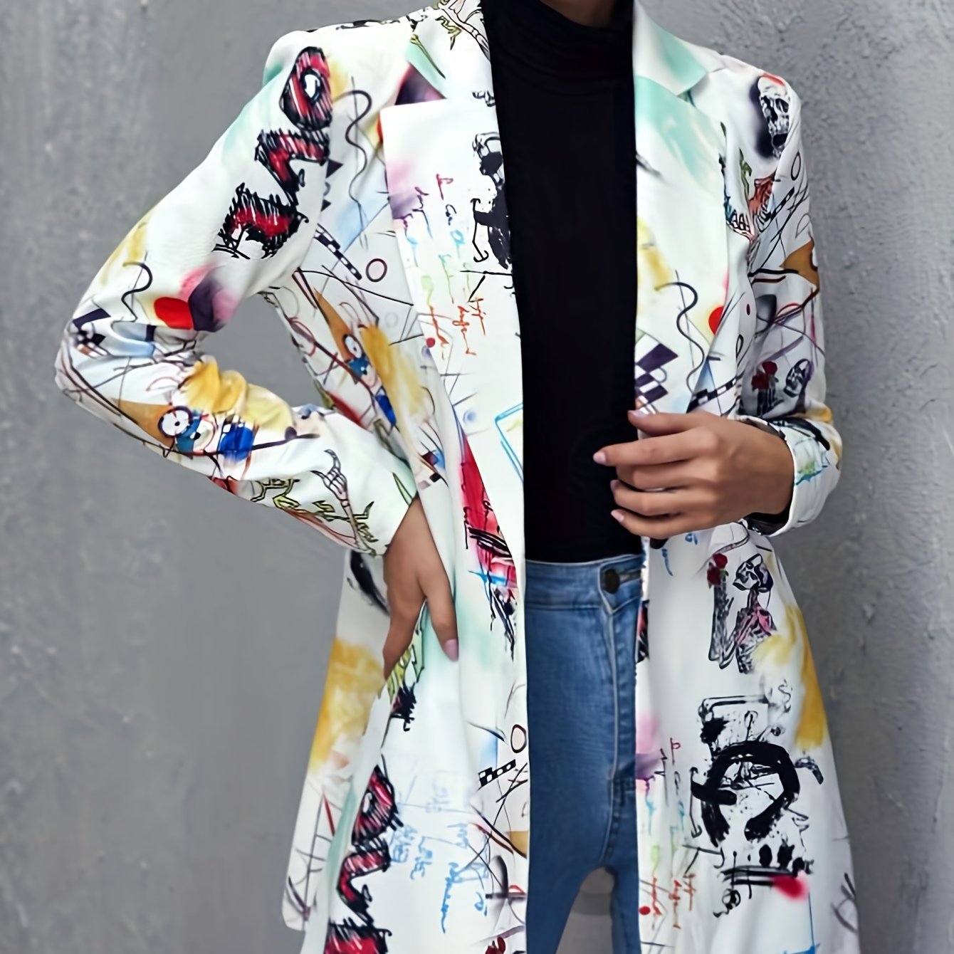 Graphic Art Print Blazer Long Sleeve Casual Blazer for Spring & Fall