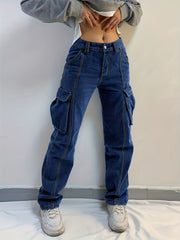 Side Flap Pocket Cargo Jeans Mid Waist Loose Fit Denim Pants