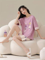 Bear Print Pajama Set Crew Neck Short Sleeve Top & Shorts