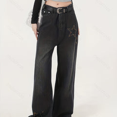 Star Embroidery Straight Jeans Loose Fit High Waist Denim Pants Women's Jeans