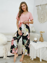 Floral Print Pajama Set Short Sleeve Top & Pants