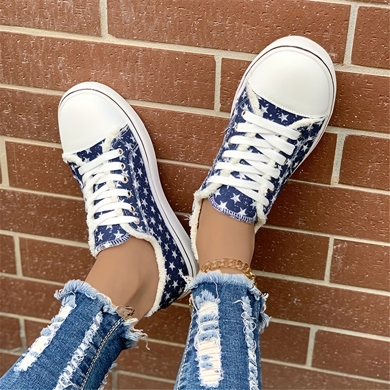 Women's Star Pattern Canvas Shoes Lace Up Low Top Flat Sneakers