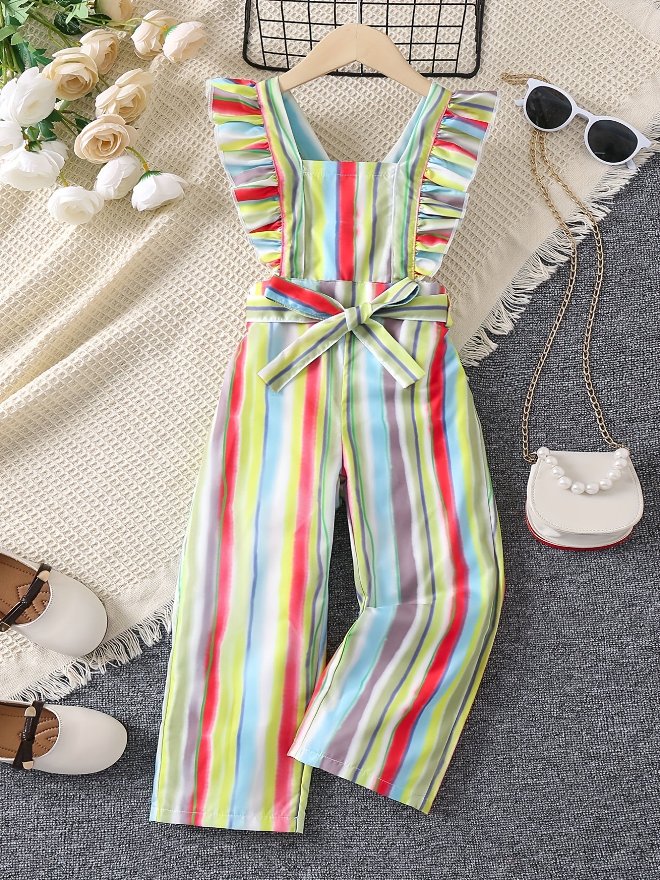 Toddler Girls Ruffle Trim Striped Overall Jumpsuits