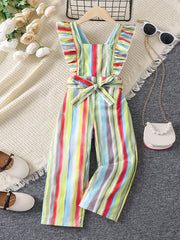 Toddler Girls Ruffle Trim Striped Overall Jumpsuits
