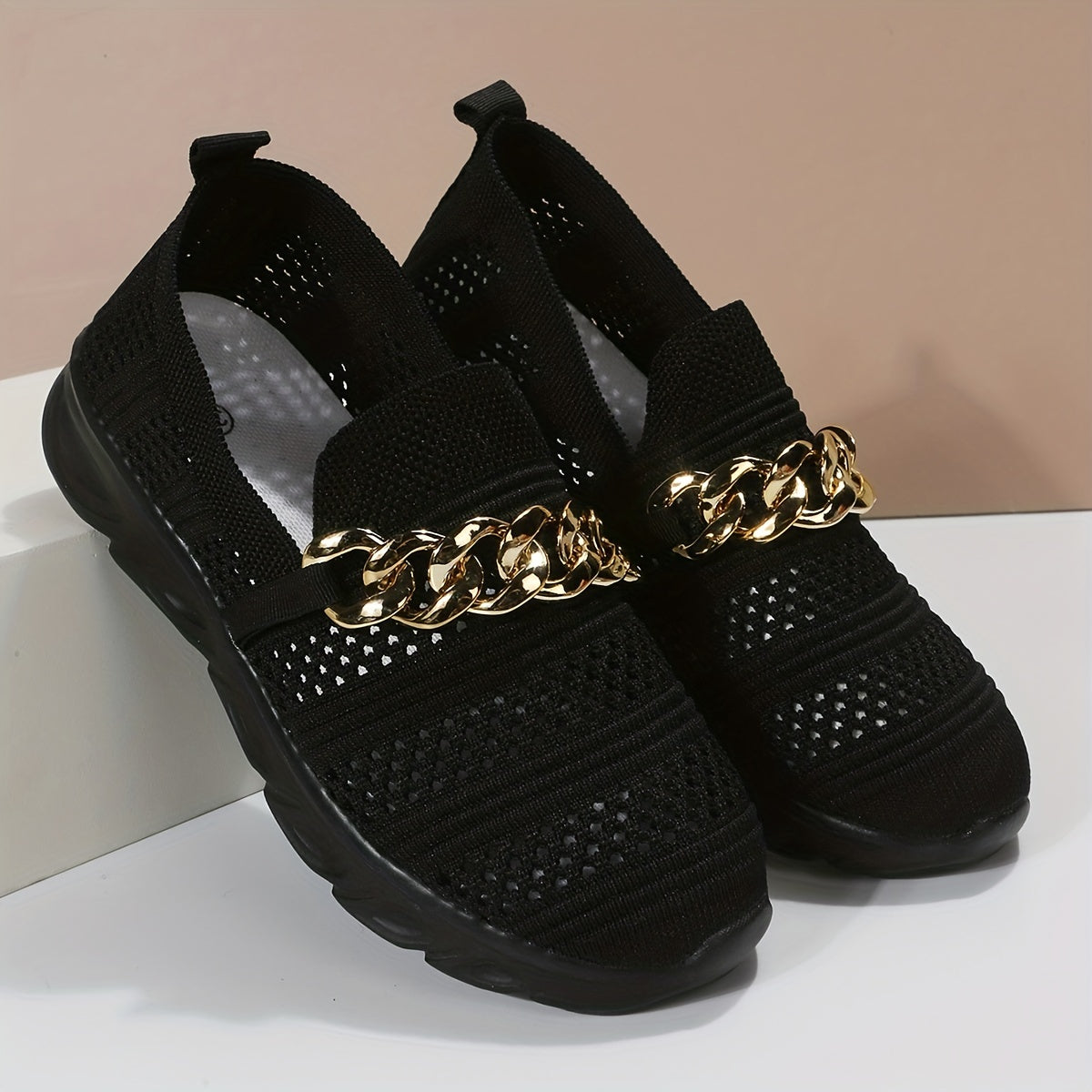 Metallic Chain Decor Woven Mesh Slip On Lightweight Comfy Outdoor Shoes