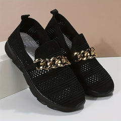 Metallic Chain Decor Woven Mesh Slip On Lightweight Comfy Outdoor Shoes