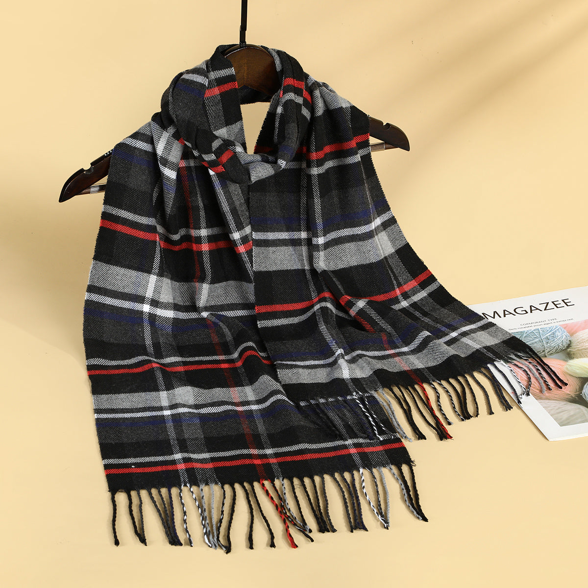 Faux Cashmere Plaid Fringe Small Scarf 1pc